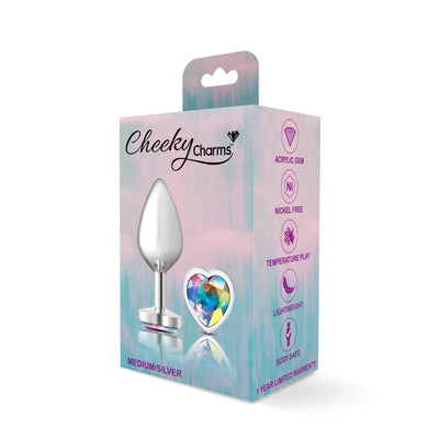 Cheeky Charms-Silver Metal Butt Plug- Heart-Clear-Medium