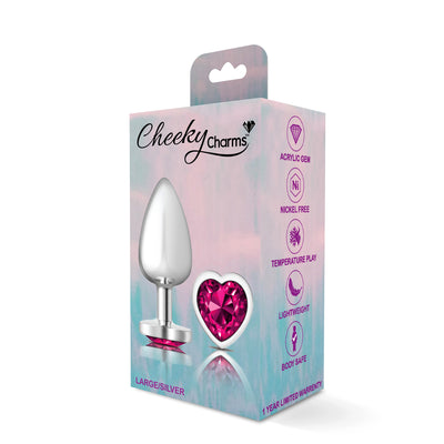 Cheeky Charms-Silver Metal Butt Plug- Heart-Bright Pink-Large