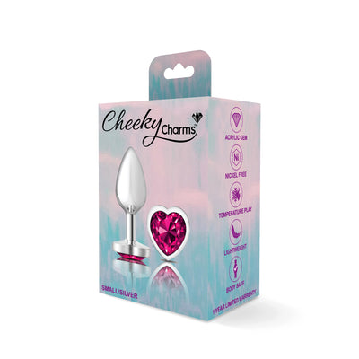 Cheeky Charms-Silver Metal Butt Plug- Heart-Bright Pink-Small