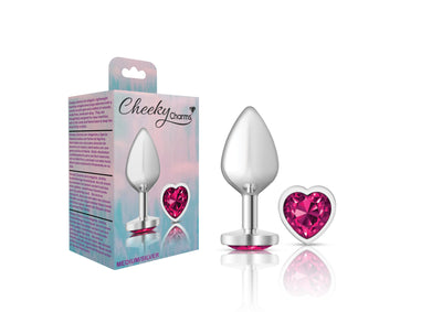 Cheeky Charms-Silver Metal Butt Plug- Heart-Bright Pink-Medium