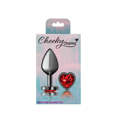 Cheeky Charms-Gunmetal Metal Butt Plug- Heart-Dark Red-Medium