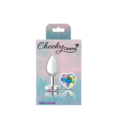 Cheeky Charms-Silver Metal Butt Plug- Heart-Clear-Small