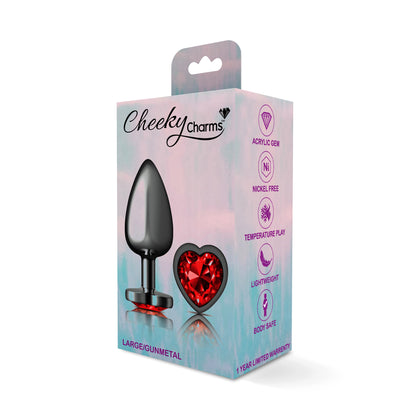 Cheeky Charms-Gunmetal Metal Butt Plug- Heart-Dark Red-Large