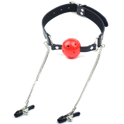 Red Ball Gag with Nipple Clamps