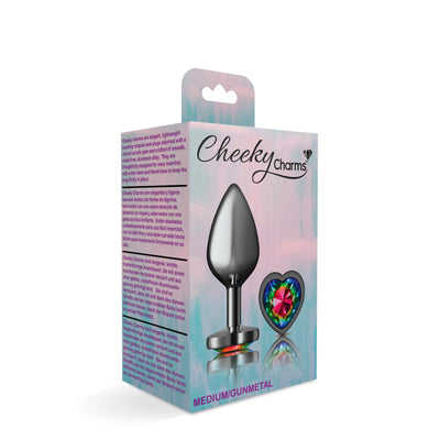 Cheeky Charms-Gunmetal Metal Buttplug- Heart-Rainbow-Medium