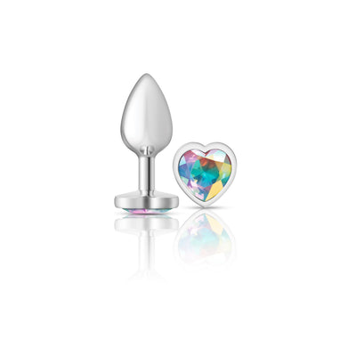 Cheeky Charms-Silver Metal Butt Plug- Heart-Clear-Small