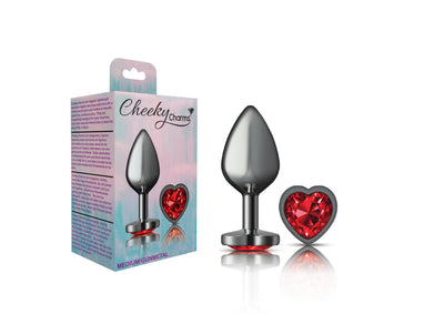 Cheeky Charms-Gunmetal Metal Butt Plug- Heart-Dark Red-Medium