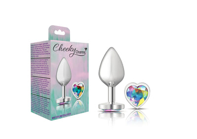 Cheeky Charms-Silver Metal Butt Plug- Heart-Clear-Medium