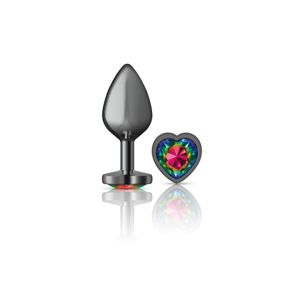 Cheeky Charms-Gunmetal Metal Buttplug- Heart-Rainbow-Medium