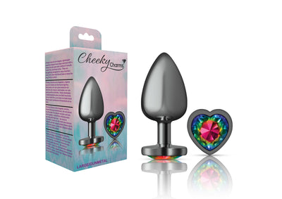 Cheeky Charms-Gunmetal Metal Butt Plug- Heart-Rainbow-Large